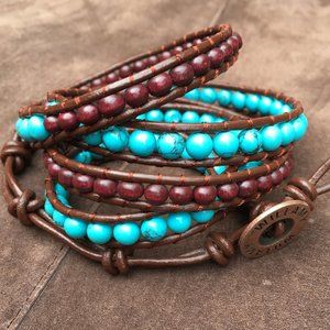 Western Glass Turquoise/Wooden Beads Wrap Bracelet